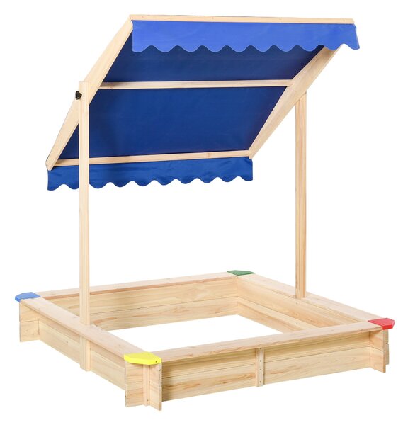 Dřevěný písečný box Outsunny pro děti s markýzou, nastavitelnou střechou a prostornou lavicí 120x120x120 cm pro venkovní hraní | Aosom