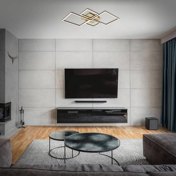 Briloner Stropní svítidlo LED Frame, zlaté, stmívatelné, 4 světla, stmívatelný, Mosaz / zlato, Obývací pokoj / jídelna, kov, Moderní, Stropní svítidlo