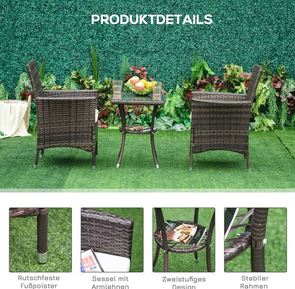 Outsunny Poly Rattan Zahradní Nábytek Set, Zahradní Lounge Balkonový Nábytek pro 2 Osoby, 3-Dílná Sedací Souprava, 2 Křesla, Stůl, Polstrování, Zahrad