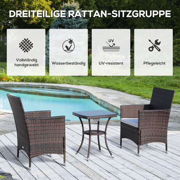 Outsunny Poly Rattan Zahradní Nábytek Set, Zahradní Lounge Balkonový Nábytek pro 2 Osoby, 3-Dílná Sedací Souprava, 2 Křesla, Stůl, Polstrování, Zahrad