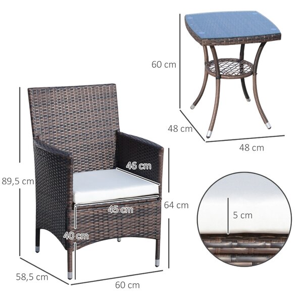 Outsunny Poly Rattan Zahradní Nábytek Set, Zahradní Lounge Balkonový Nábytek pro 2 Osoby, 3-Dílná Sedací Souprava, 2 Křesla, Stůl, Polstrování, Zahrad