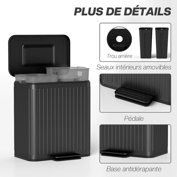 HOMCOM 40 l dvoudílný pedálový koš 2×20 l, kovový, soft‑close – černý | Aosom