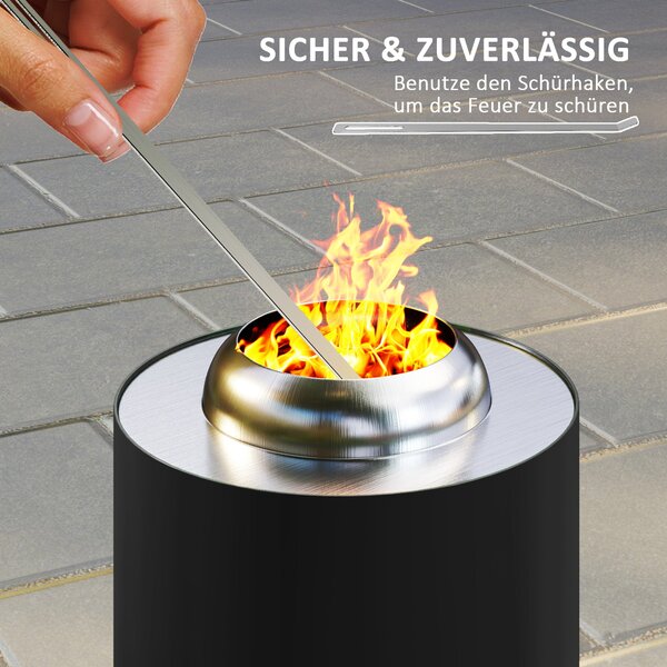 Outsunny Nerezová Ocel Fire Pit Ø16x25cm s Pokerem Bezdečný Oheň pro Zahradu, Balkón, Terasu, Outdoor BBQ Kempování Černá | Aosom