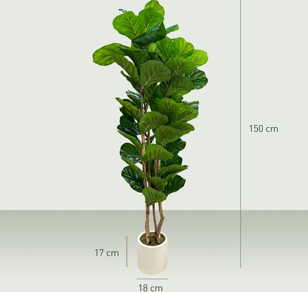 HOMCOM umělý fíkus lyrovitý, 150 cm – 71 listů, dřevěný kmen, v květináči, realistické plastové listy pro obývací pokoj, ložnici, kancelář | Aosom