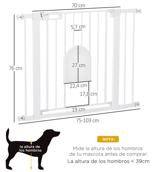 PawHut Psí Bezpečnostní Brána 75-103 cm na Schody a Dveře s 2 Přídavnými Dílci, Automatické Zámek a Dvojitý Zámkový Systém Bílá | Aosom