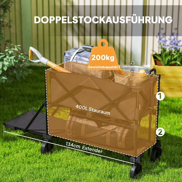 Outsunny Zahradní Vozík 200 kg Nosnost Dvouúrovňový Přepravní Vozík s Odnímatelným Krytem a Rukojetí, Skládací Vozík, Zahradní Vozík pro Domácnost a Z