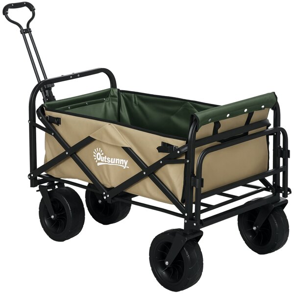 Skládací vozík Outsunny, transportní vozík s madlem, plážový vozík, zahradní vozík s nosnou taškou, max. nosnost 100 kg, Oxford, khaki | Aosom