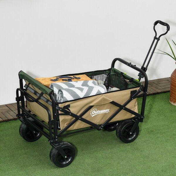 Skládací vozík Outsunny, transportní vozík s madlem, plážový vozík, zahradní vozík s nosnou taškou, max. nosnost 100 kg, Oxford, khaki | Aosom
