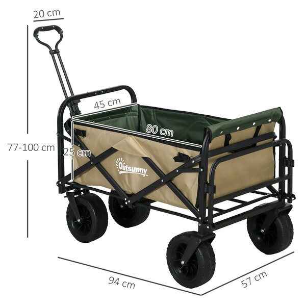 Skládací vozík Outsunny, transportní vozík s madlem, plážový vozík, zahradní vozík s nosnou taškou, max. nosnost 100 kg, Oxford, khaki | Aosom