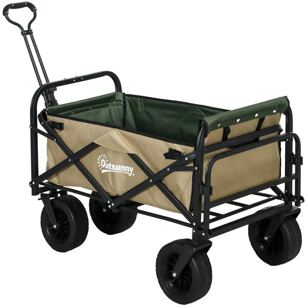Skládací vozík Outsunny, transportní vozík s madlem, plážový vozík, zahradní vozík s nosnou taškou, max. nosnost 100 kg, Oxford, khaki | Aosom