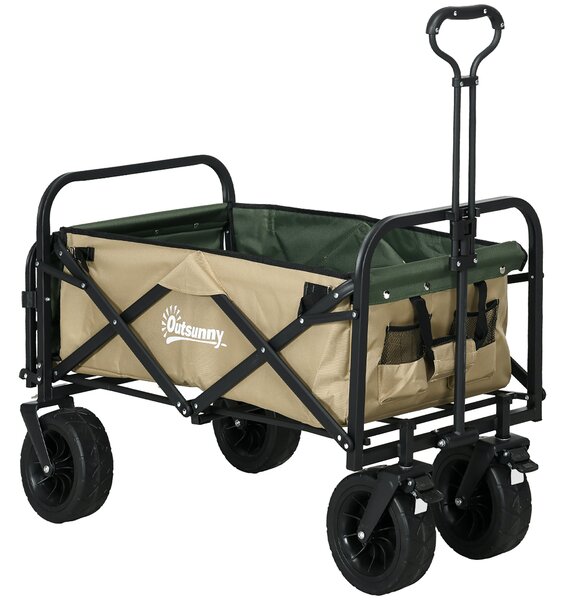 Skládací vozík Outsunny, transportní vozík s madlem, plážový vozík, zahradní vozík s nosnou taškou, max. nosnost 100 kg, Oxford, khaki | Aosom