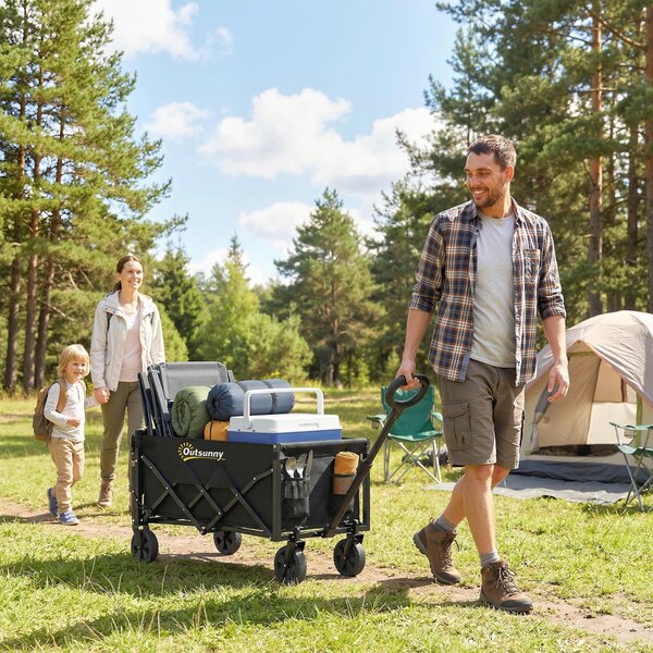 Outsunny skládací vozík 80 l s teleskopickou rukojetí, výklopným čelem a držáky na nápoje — nosnost 150 kg, černý | Aosom