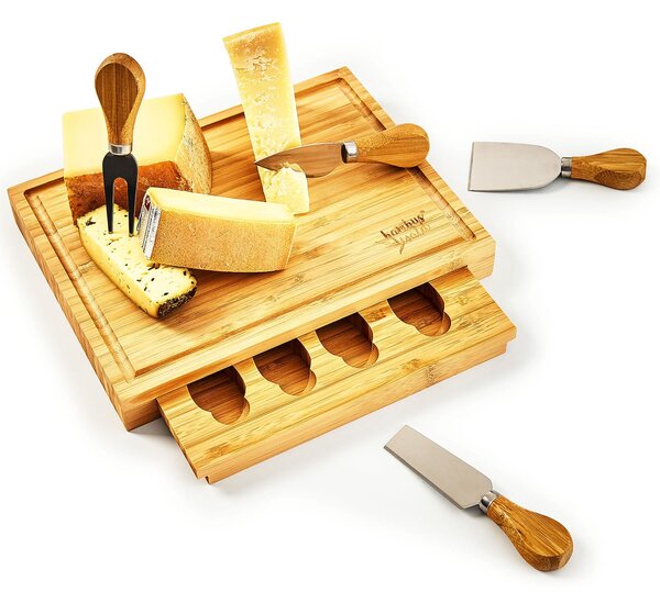 Klarstein Deska na sýr se zásuvkou na nože, 25,2 x 3 x 19,5 cm (Š x V x H), 4 speciální nože, jednoduchá údržba