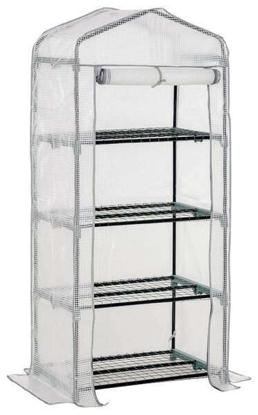 Outsunny mini skleník s policemi, PVC krytem a rolovacími dveřmi — mrazuvzdorný skleník na rajčata pro balkon a zahradu, 70 × 50 × 160 cm — bílý | Aos