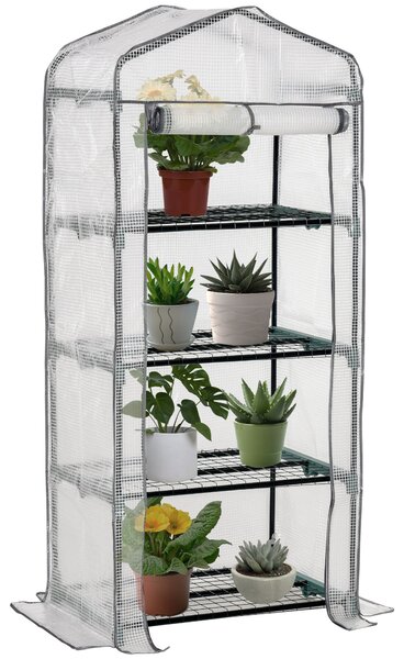 Outsunny mini skleník s policemi, PVC krytem a rolovacími dveřmi — mrazuvzdorný skleník na rajčata pro balkon a zahradu, 70 × 50 × 160 cm — bílý | Aos