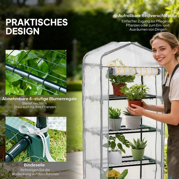Outsunny mini skleník s policemi, PVC krytem a rolovacími dveřmi — mrazuvzdorný skleník na rajčata pro balkon a zahradu, 70 × 50 × 160 cm — bílý | Aos