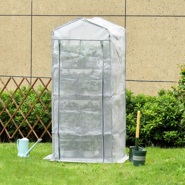 Outsunny mini skleník s policemi, PVC krytem a rolovacími dveřmi — mrazuvzdorný skleník na rajčata pro balkon a zahradu, 70 × 50 × 160 cm — bílý | Aos