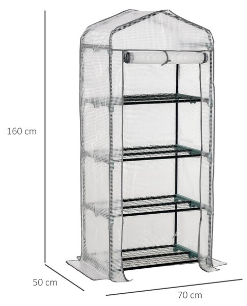 Outsunny mini skleník s policemi, PVC krytem a rolovacími dveřmi — mrazuvzdorný skleník na rajčata pro balkon a zahradu, 70 × 50 × 160 cm — bílý | Aos