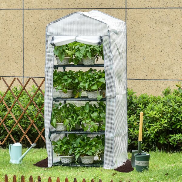 Outsunny mini skleník s policemi, PVC krytem a rolovacími dveřmi — mrazuvzdorný skleník na rajčata pro balkon a zahradu, 70 × 50 × 160 cm — bílý | Aos