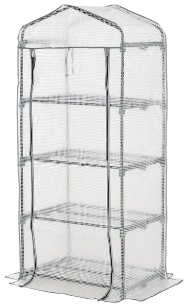 Outsunny mini skleník s policemi, PVC krytem a rolovacími dveřmi — mrazuvzdorný skleník na rajčata pro balkon a zahradu, 70 × 50 × 160 cm — bílý | Aos