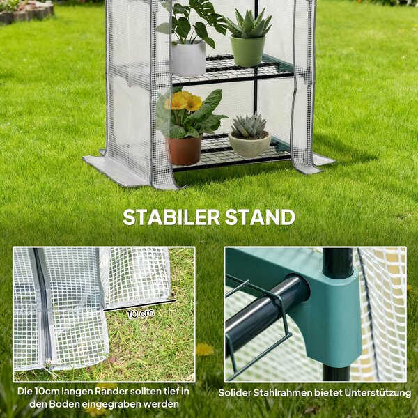 Outsunny mini skleník s policemi, PVC krytem a rolovacími dveřmi — mrazuvzdorný skleník na rajčata pro balkon a zahradu, 70 × 50 × 160 cm — bílý | Aos