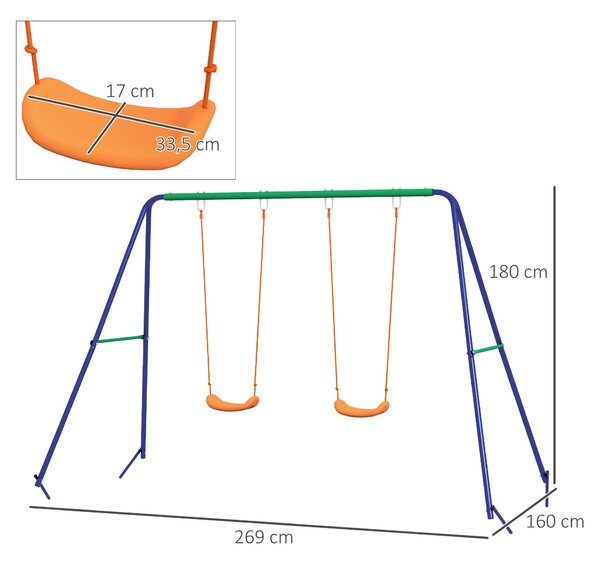 Závěsná souprava Outsunny pro děti, rám se 2 houpačkami, konstrukce houpačky, zahradní houpačka pro dvě děti 3-8 let, ocel, 2,69 x 1,6 x 1,8 m | Aosom