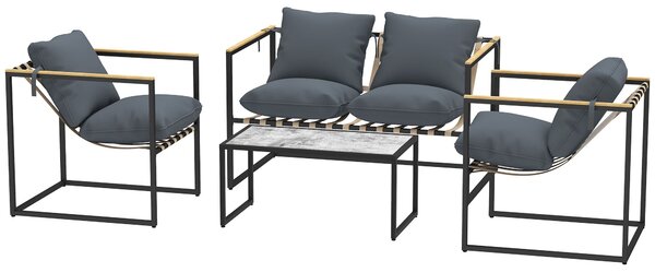 Souprava zahradního nábytku Outsunny pro 4 osoby odolná vůči počasí s pohovkou pro 2 osoby, 2 křesly, sedacími polstry, bočním stolkem, venkovní sedac