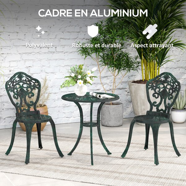 Bistro set do zahrady Outsunny z hliníku, 3dílná souprava zahradního nábytku (2 židle + 1 kulatý stůl), vzhled kovaného železa | Aosom