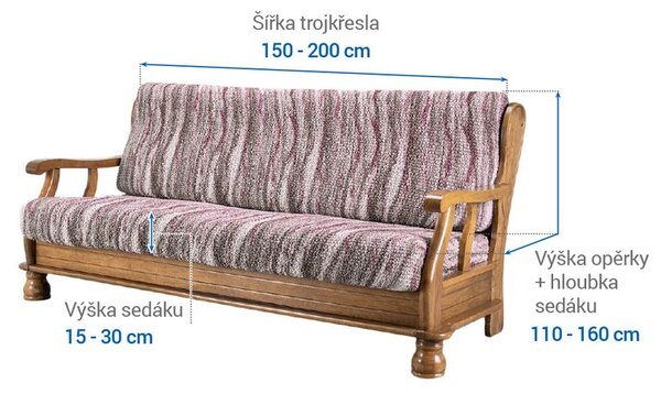 Bielastické potahy OCEANO NOVÉ hnědo-vínové trojkřeslo s dřevěnými rukojeťmi (š. 150 - 200 cm)