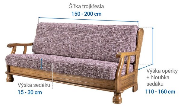 Bielastické potahy GRAFITI NOVÉ kaštanově hnědé trojkřeslo s dřevěnými rukojeťmi (š. 150 - 200 cm)