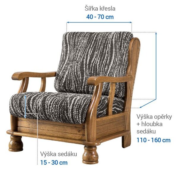 Bielastické potahy UNIVERSO NOVÉ žíhané černobílé křeslo s dřevěnými rukojeťmi (š. 40 - 70 cm)