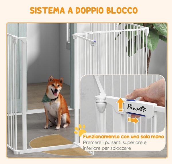 Sklápěcí psí brána PawHut pro střední a velké psy s dvojitým zámkem, modulární kovová a plastová bezpečnostní brána, 123x102x100 cm, Bílá | Aosom
