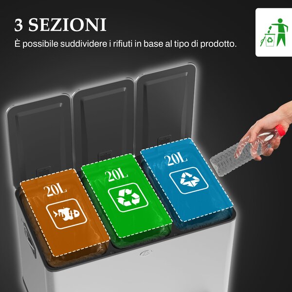 HOMCOM 3-komorový 20L kuchyňský pedálový koš se 3 tiše zavírajícími víky z nerezové oceli a PP, 61,9 x 36,6 x 56,7 cm, Stříbrná | Aosom