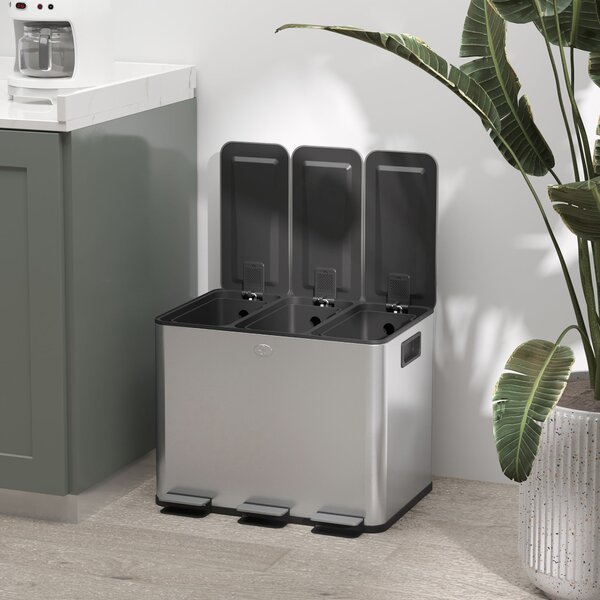 HOMCOM 3-komorový 20L kuchyňský pedálový koš se 3 tiše zavírajícími víky z nerezové oceli a PP, 61,9 x 36,6 x 56,7 cm, Stříbrná | Aosom