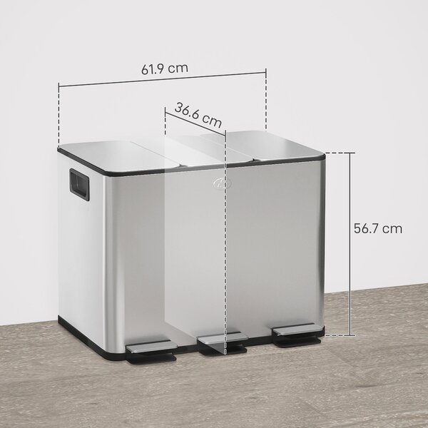 HOMCOM 3-komorový 20L kuchyňský pedálový koš se 3 tiše zavírajícími víky z nerezové oceli a PP, 61,9 x 36,6 x 56,7 cm, Stříbrná | Aosom