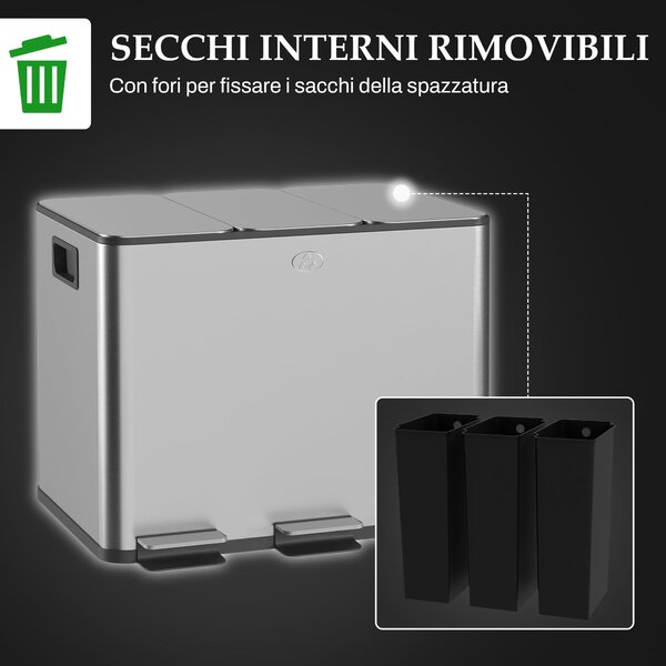 HOMCOM 3-komorový 20L kuchyňský pedálový koš se 3 tiše zavírajícími víky z nerezové oceli a PP, 61,9 x 36,6 x 56,7 cm, Stříbrná | Aosom