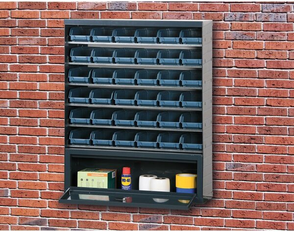 Závěsný regál s plastovými boxy BASIC a přihrádkou, 36 boxů
