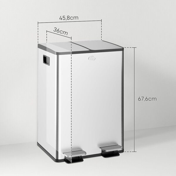 HOMCOM Dvojitý Koš na Odpady do Kuchyně, 2 x 28L, Nerezový Pedálový Koš, 2 Tichá Kryty, Odnímatelné Vnitřní Kbelíky, Ochrana proti Otiskům prstů 45.8x