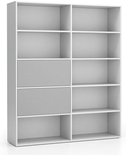 Široký kancelářský policový regál LAYERS, 2 boxy, 1582 x 400 x 1905 mm, bílá / šedá