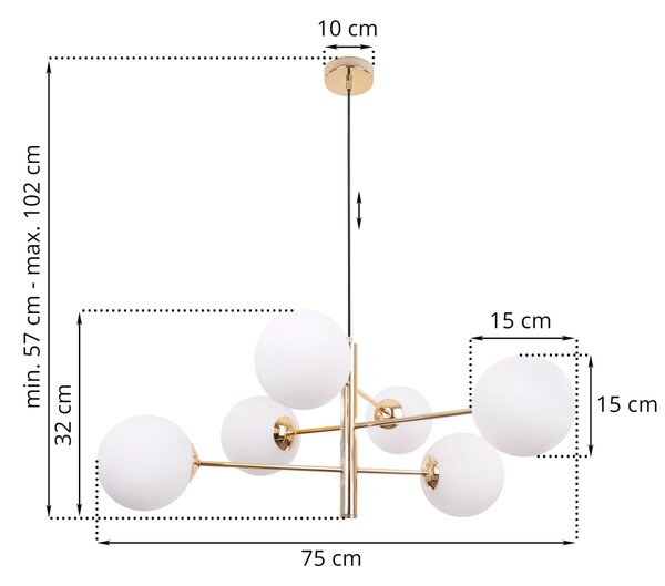 Light for home - Luxusní závěsné svítidlo se šesti bílými skleněnými stínidly a zlatou konstrukcí "VICENZA", 6x40W, E14, Zlatá