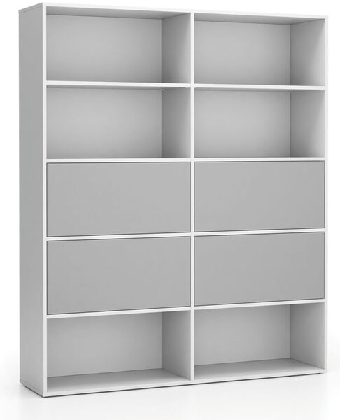 Široký kancelářský policový regál LAYERS, 4 boxy, 1582 x 400 x 1905 mm, bílá / šedá