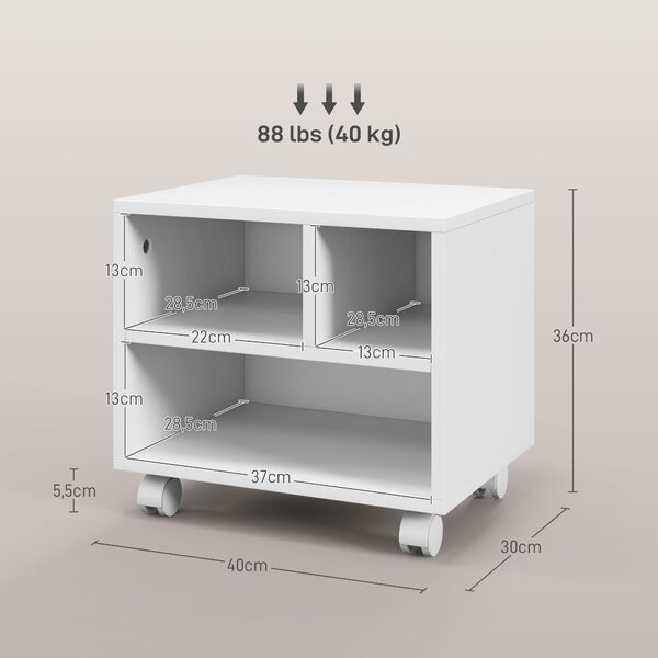 HOMCOM Stojan na tiskárnu – úložný nábytek s kancelářským kabinetem a 4 otevřenými přihrádkami - rozměry 40D x 30Š x 36V cm - v bílé dřevě | Aosom