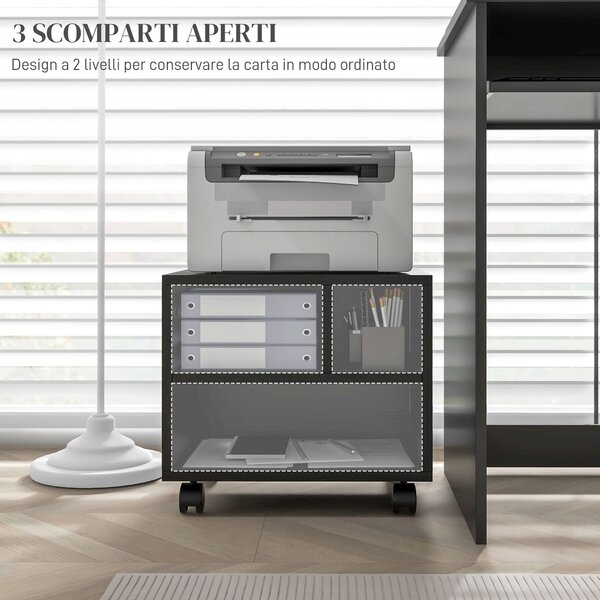 HOMCOM 2-policový stojan na tiskárnu se 3 přihradkami, kancelářský a studijní cabinet s kolečky, 40x30x36cm, černý | Aosom