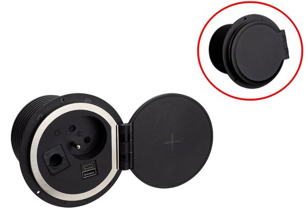 IN-LIGHT Zásuvka LUPO s USB A+C a bezdrátovou nabíječkou - černá