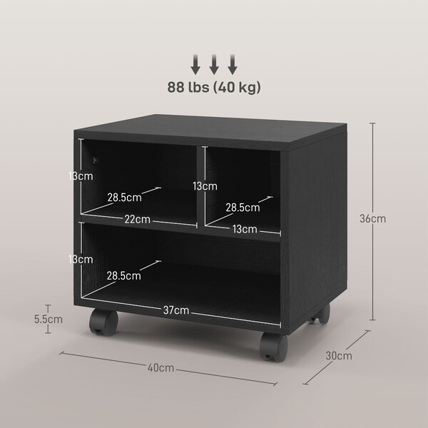 HOMCOM 2-policový stojan na tiskárnu se 3 přihradkami, kancelářský a studijní cabinet s kolečky, 40x30x36cm, černý | Aosom