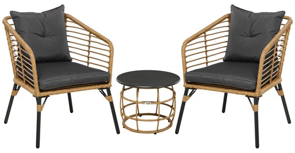 Outsunny Ratanová Zahradní Nábytek Set, 3-Dílná Sedací Skupina, včetně Kávového Stolu a 2 Židlí, Bistro Set s Polštáři, Nábytek na Terasu, Balkon, Oce