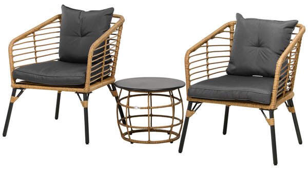 Outsunny Ratanová Zahradní Nábytek Set, 3-Dílná Sedací Skupina, včetně Kávového Stolu a 2 Židlí, Bistro Set s Polštáři, Nábytek na Terasu, Balkon, Oce