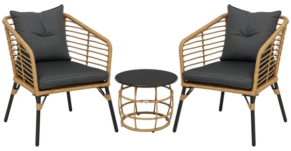 Outsunny Ratanová Zahradní Nábytek Set, 3-Dílná Sedací Skupina, včetně Kávového Stolu a 2 Židlí, Bistro Set s Polštáři, Nábytek na Terasu, Balkon, Oce