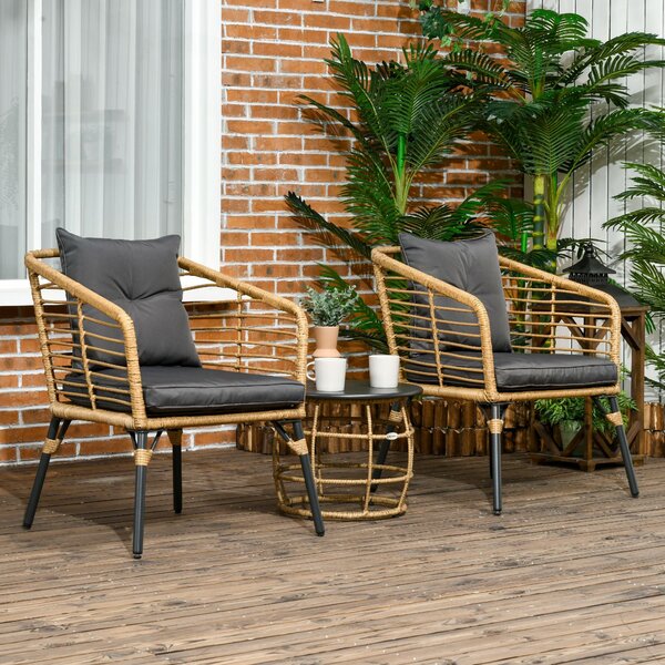 Outsunny Ratanová Zahradní Nábytek Set, 3-Dílná Sedací Skupina, včetně Kávového Stolu a 2 Židlí, Bistro Set s Polštáři, Nábytek na Terasu, Balkon, Oce