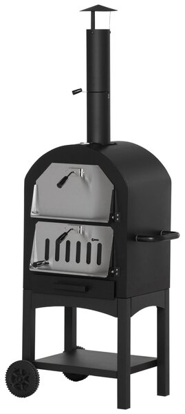 Outsunny 2v1 venkovní pizza trouba na kolečkách s grilem a krytem, pizza lopata, 2 grilovací sítě, grilovací vozík s komínem, 3-vrstvá trouba na dřevo